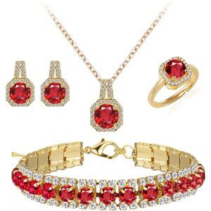 👑Women Classic Fashion Pendant Necklace Earrings Ring Gold Red Jewelry Set